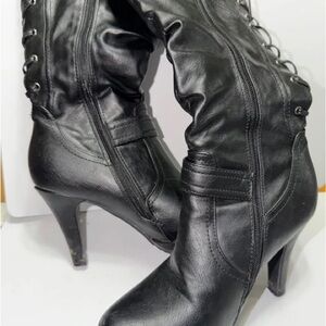 Women's Black High-Heel Lace-Up Mid-Calf Boots